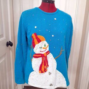 Susan Bristol sweater womans size L Large Snowman teal blue Christmas holiday